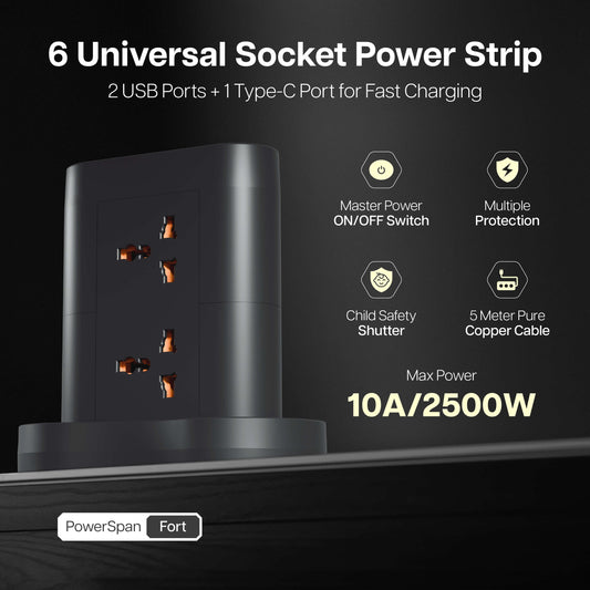 PowerSpan Fort with 6 Universal Socket & 2 USB 1 Type C Port (Black)