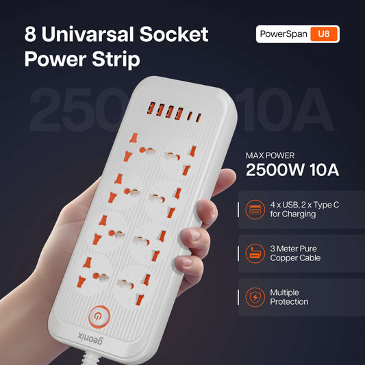 PowerSpan U8 with 8 Universal Socket & 4 USB 2 Type C Port (White)