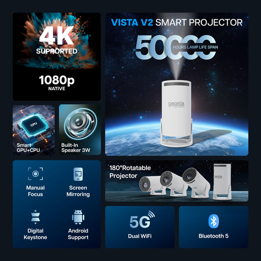 Portable Vista V2 Smart Projector 720p HD Resolution