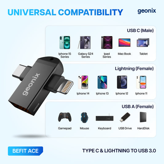 Type C & Lightning to USB 3.0 2 in 1 OTG Converter Befit ACE
