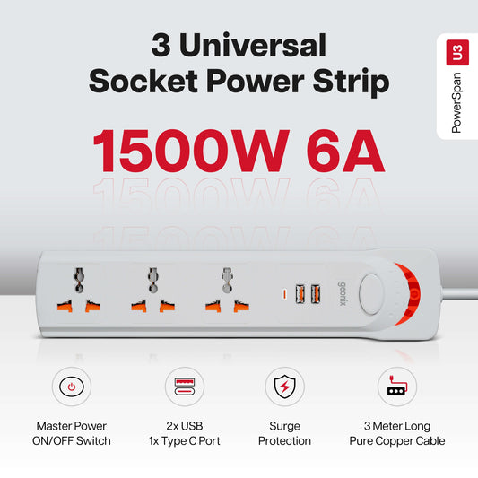 PowerSpan U3 with 3 Universal Socket & 2 USB 1 Type C Port (White)