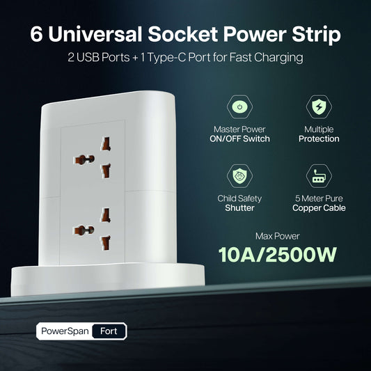 PowerSpan Fort with 6 Universal Socket & 2 USB 1 Type C Port (White)
