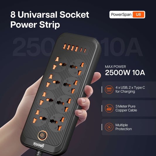 PowerSpan U8 with 8 Universal Socket & 4 USB 2 Type C Port (Black)