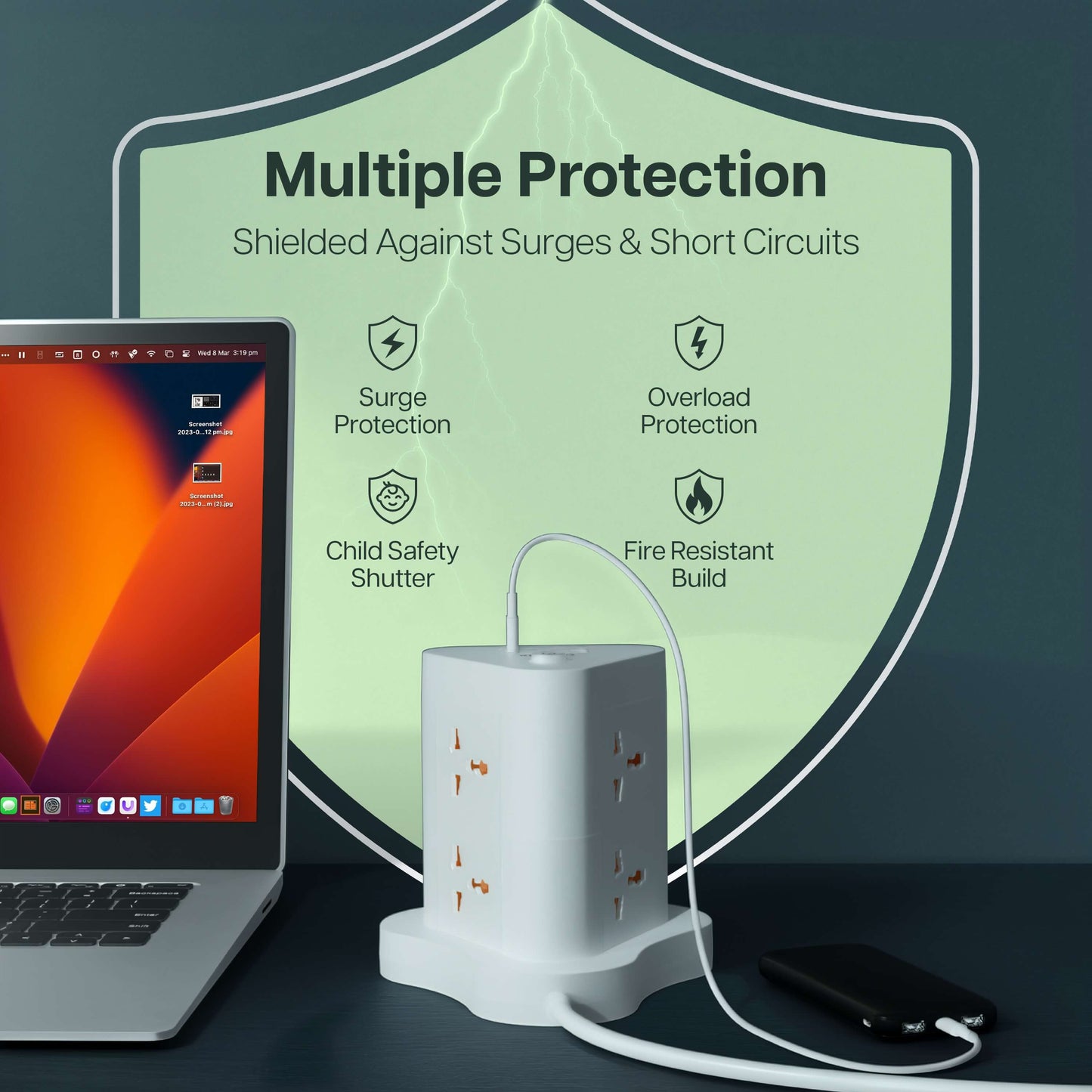PowerSpan Fort with 6 Universal Socket & 2 USB 1 Type C Port (White)