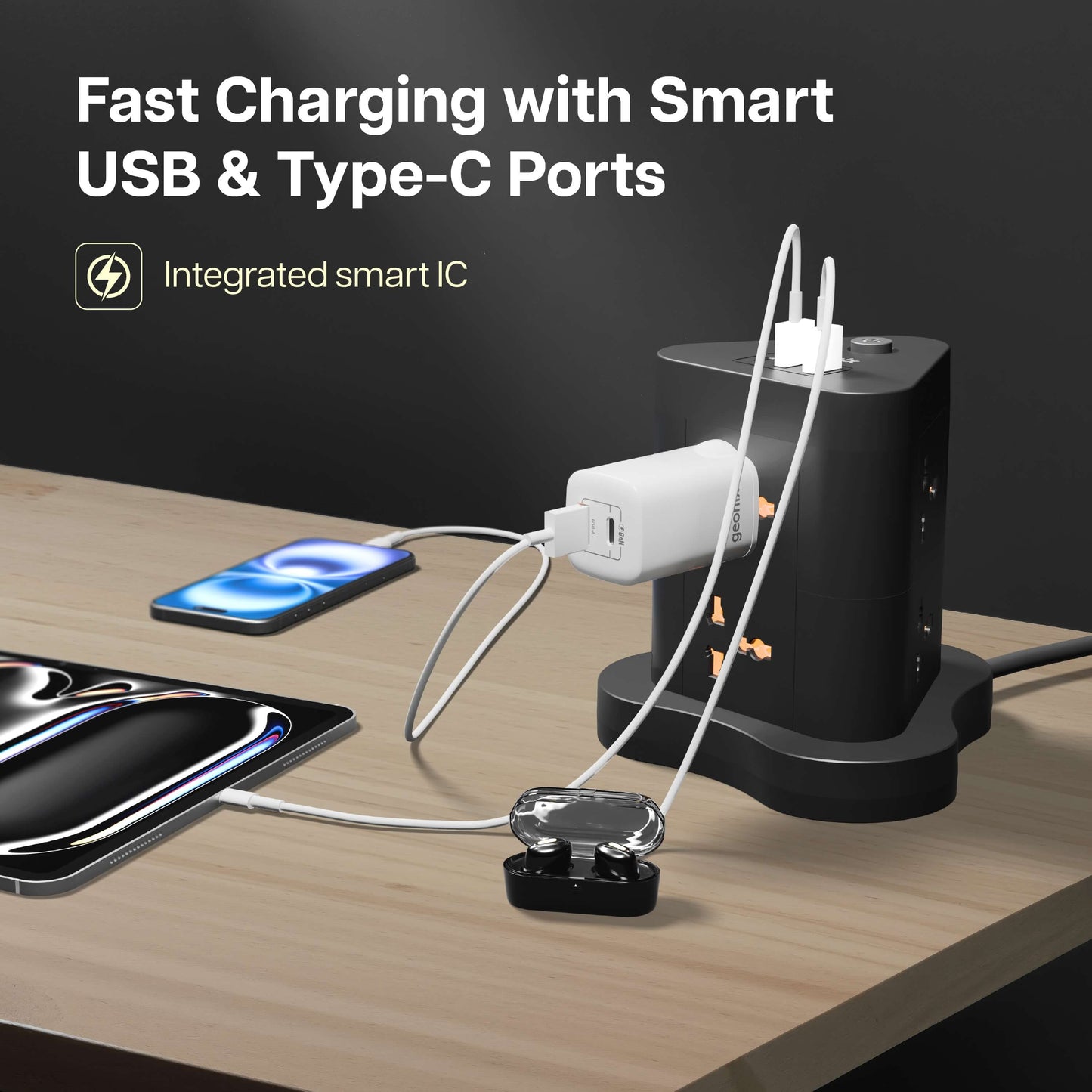PowerSpan Fort with 6 Universal Socket & 2 USB 1 Type C Port (Black)