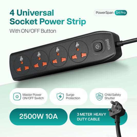 PowerSpan S4 PRO Extension Board with 4 Universal Sockets (Black)