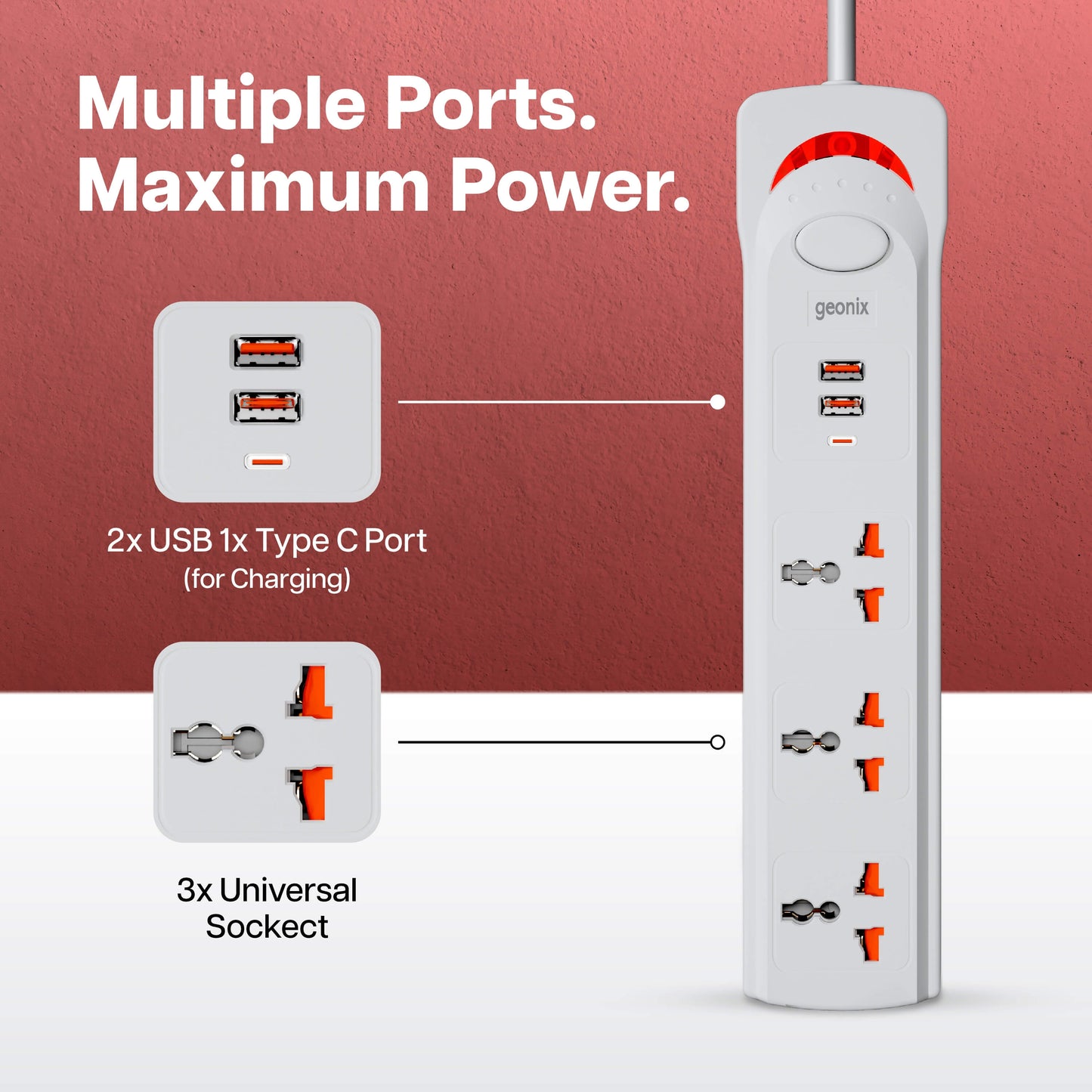 PowerSpan U3 with 3 Universal Socket & 2 USB 1 Type C Port (White)
