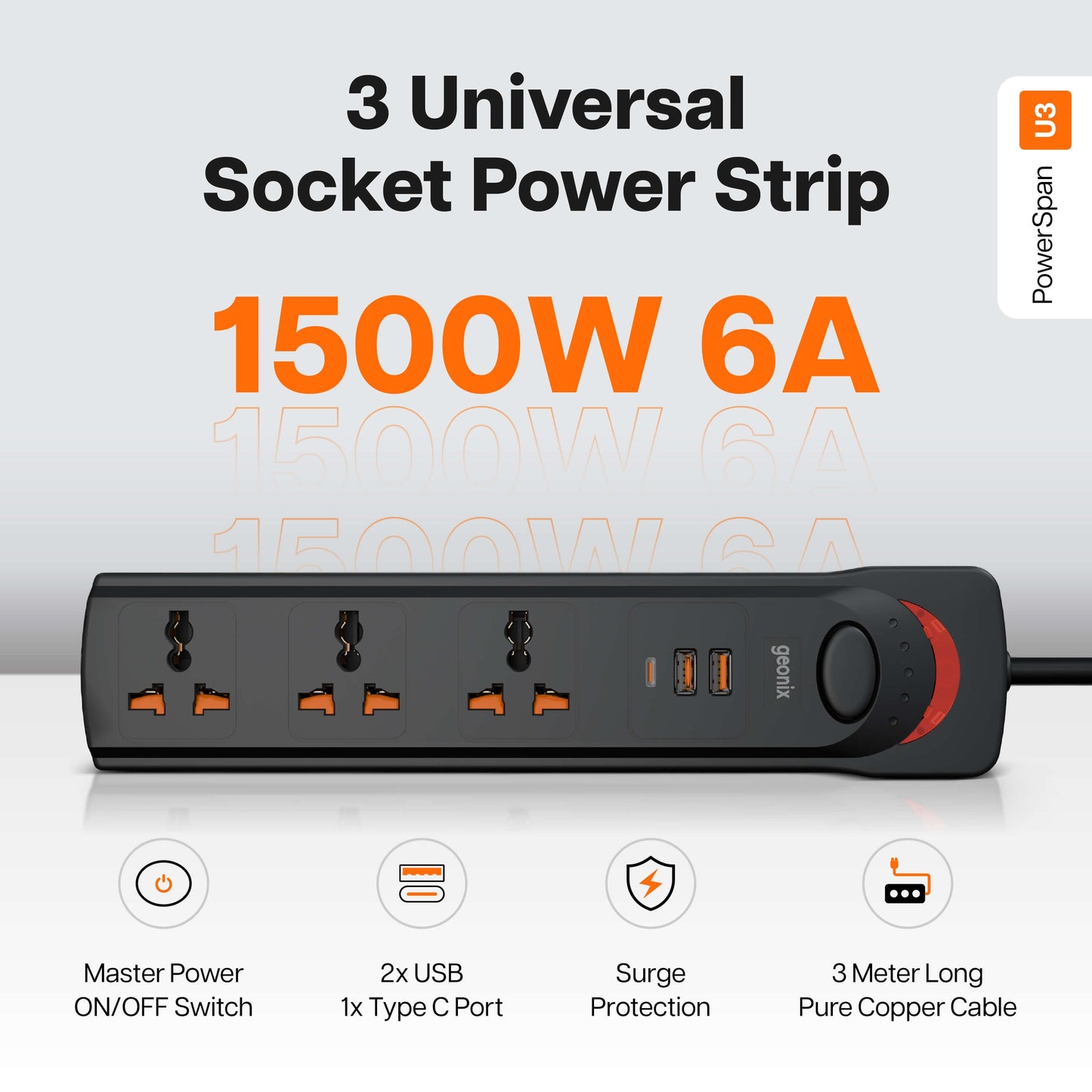 PowerSpan U3 with 3 Universal Socket & 2 USB 1 Type C Port (Black)