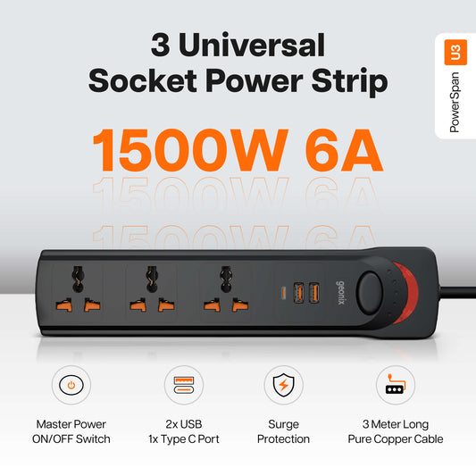 PowerSpan U3 with 3 Universal Socket & 2 USB 1 Type C Port (Black)