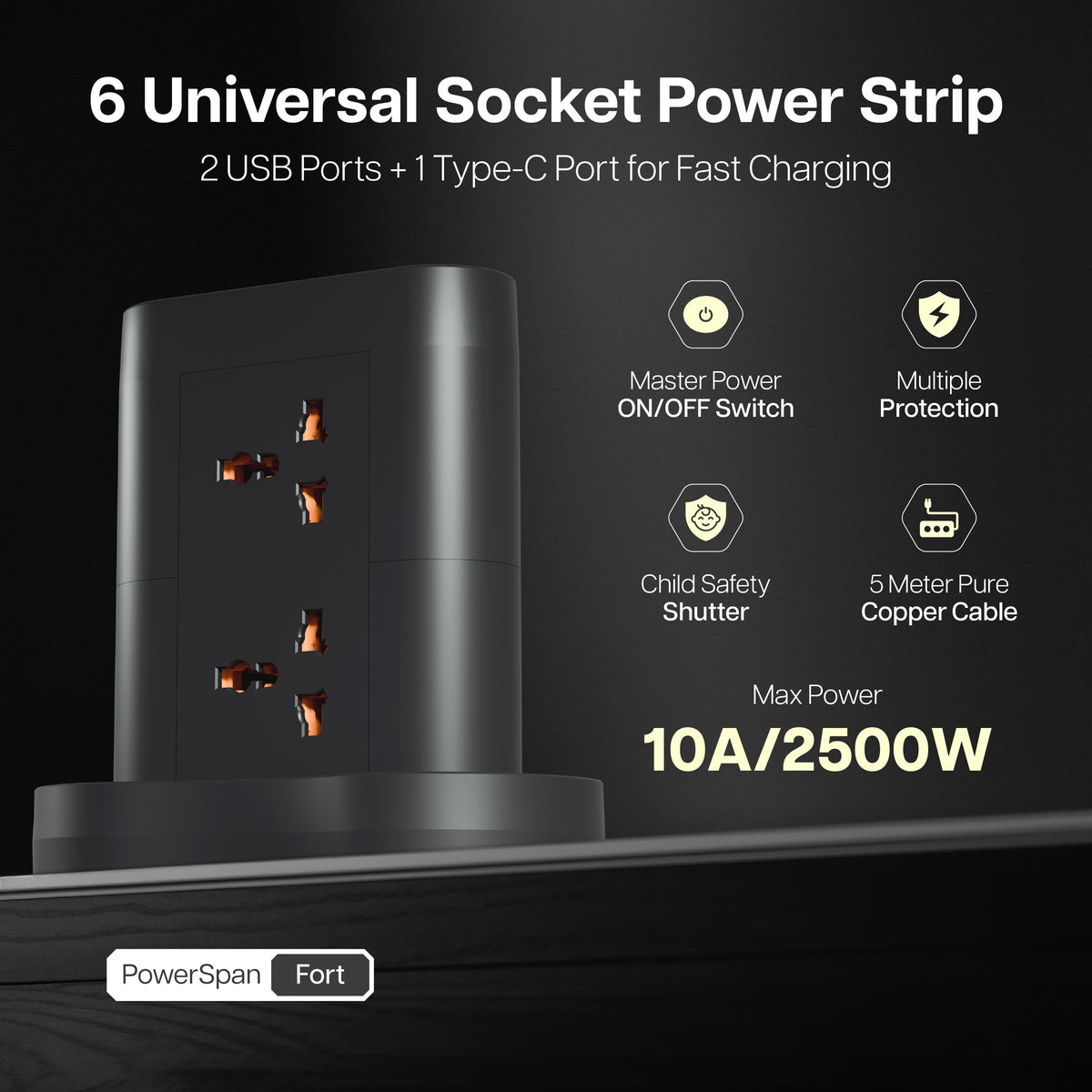Powerspan Fort 6 Socket Powerstrip