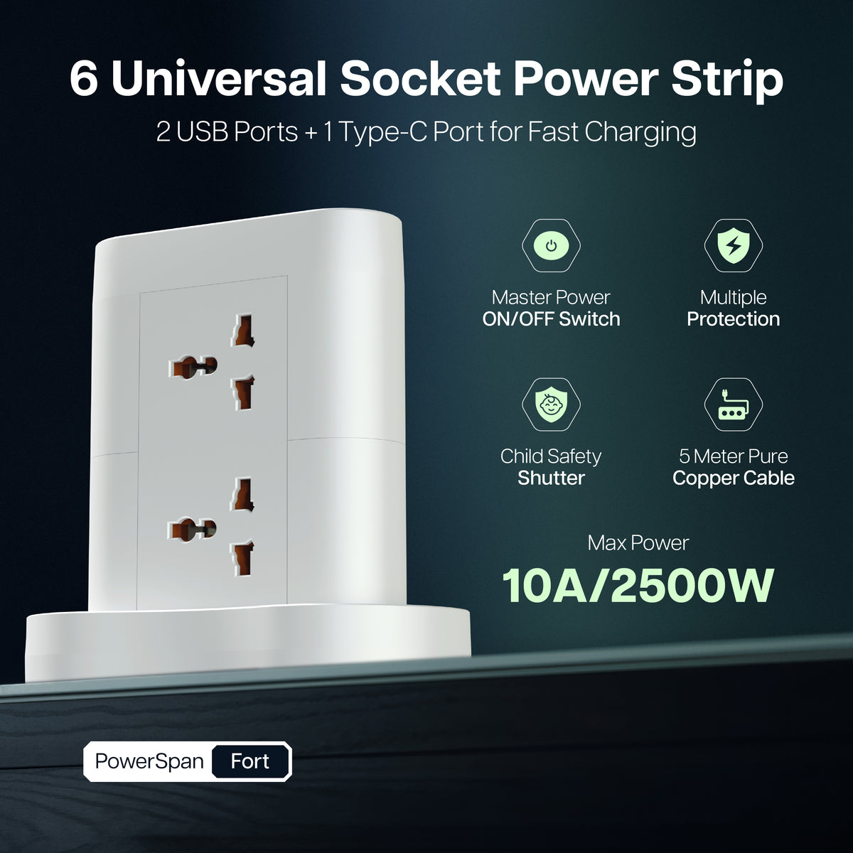 Powerspan Fort 6 Socket Powerstrip