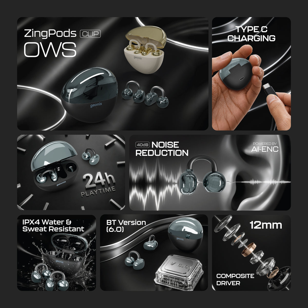 Zingpods Clip OWS Earbuds Black