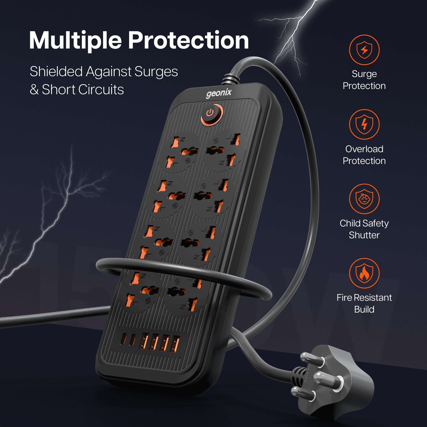PowerSpan U8 with 8 Universal Socket & 4 USB 2 Type C Port (Black)