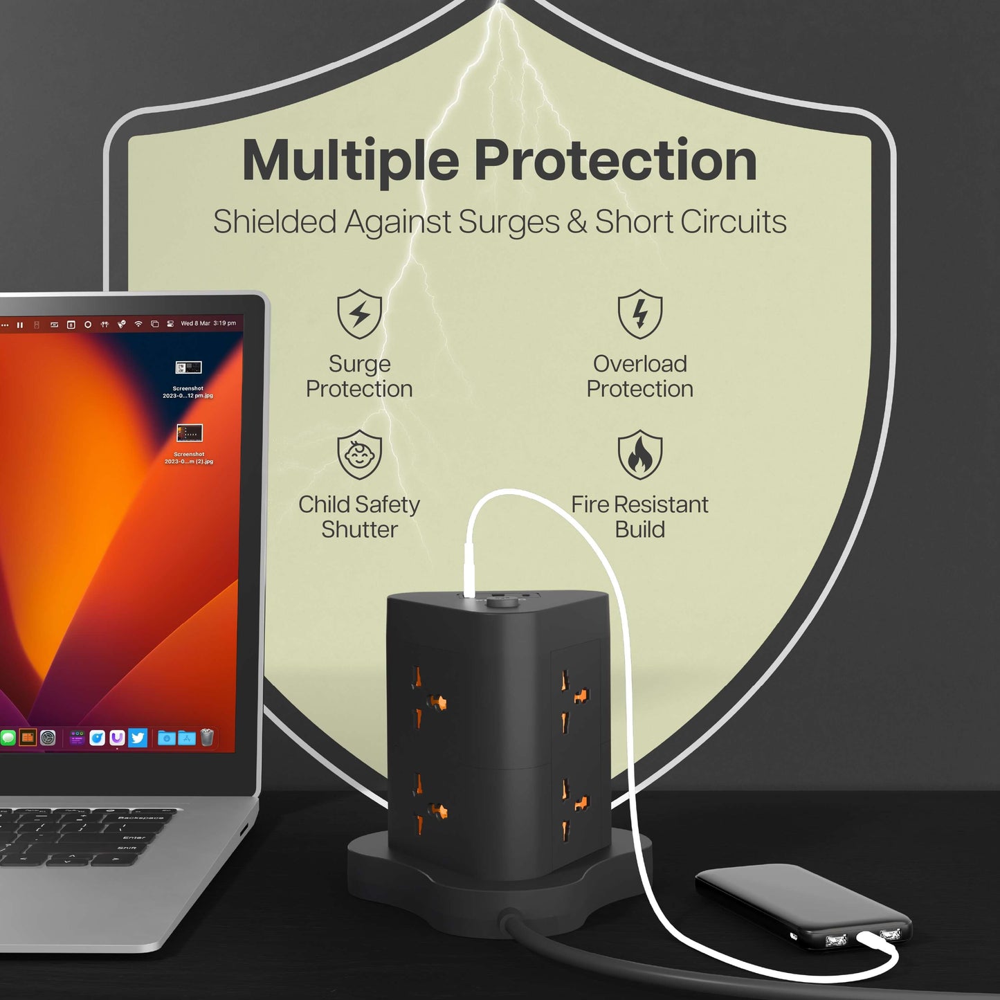 PowerSpan Fort with 6 Universal Socket & 2 USB 1 Type C Port (Black)