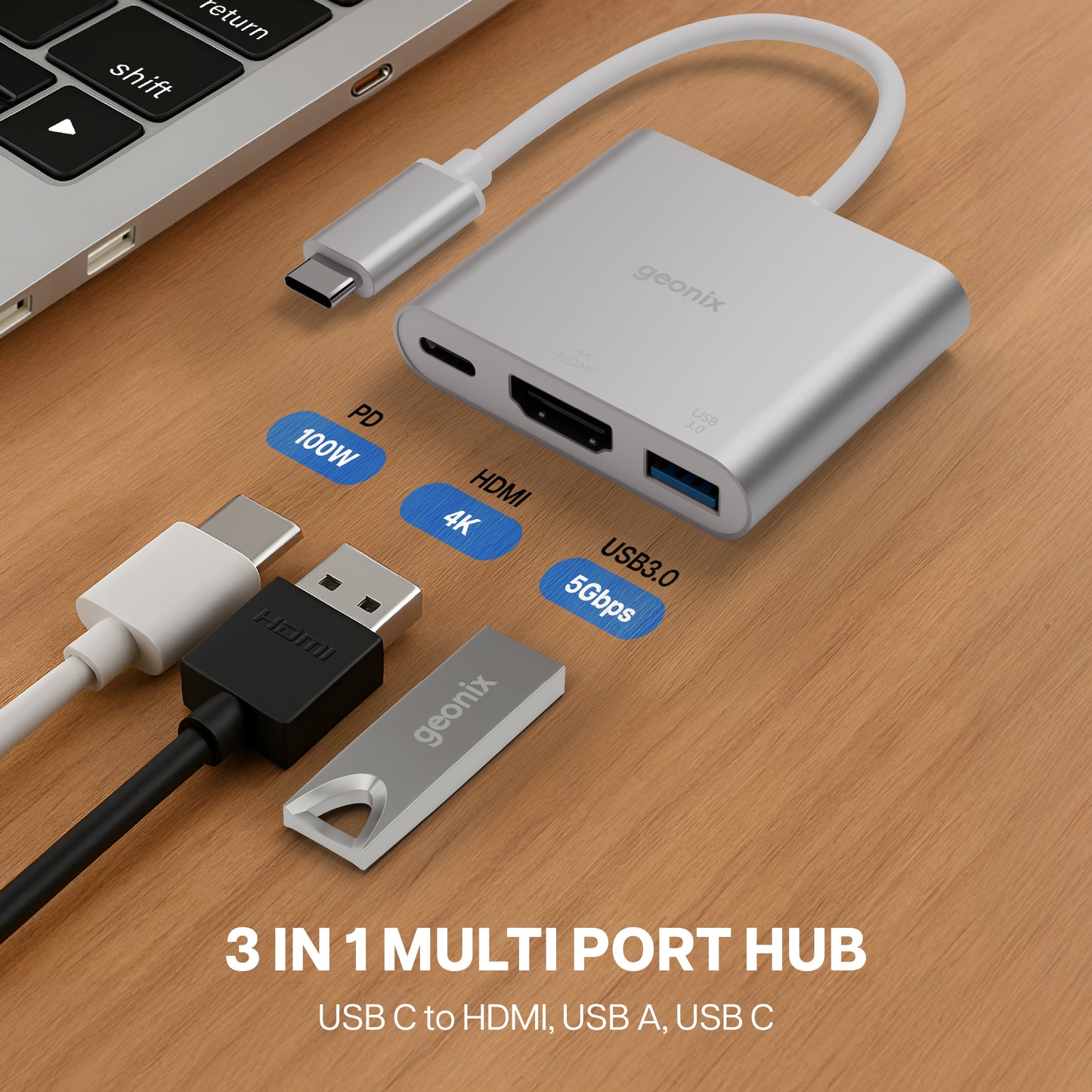 Type C to 3 in 1 MultiPort Hub Befit HD3