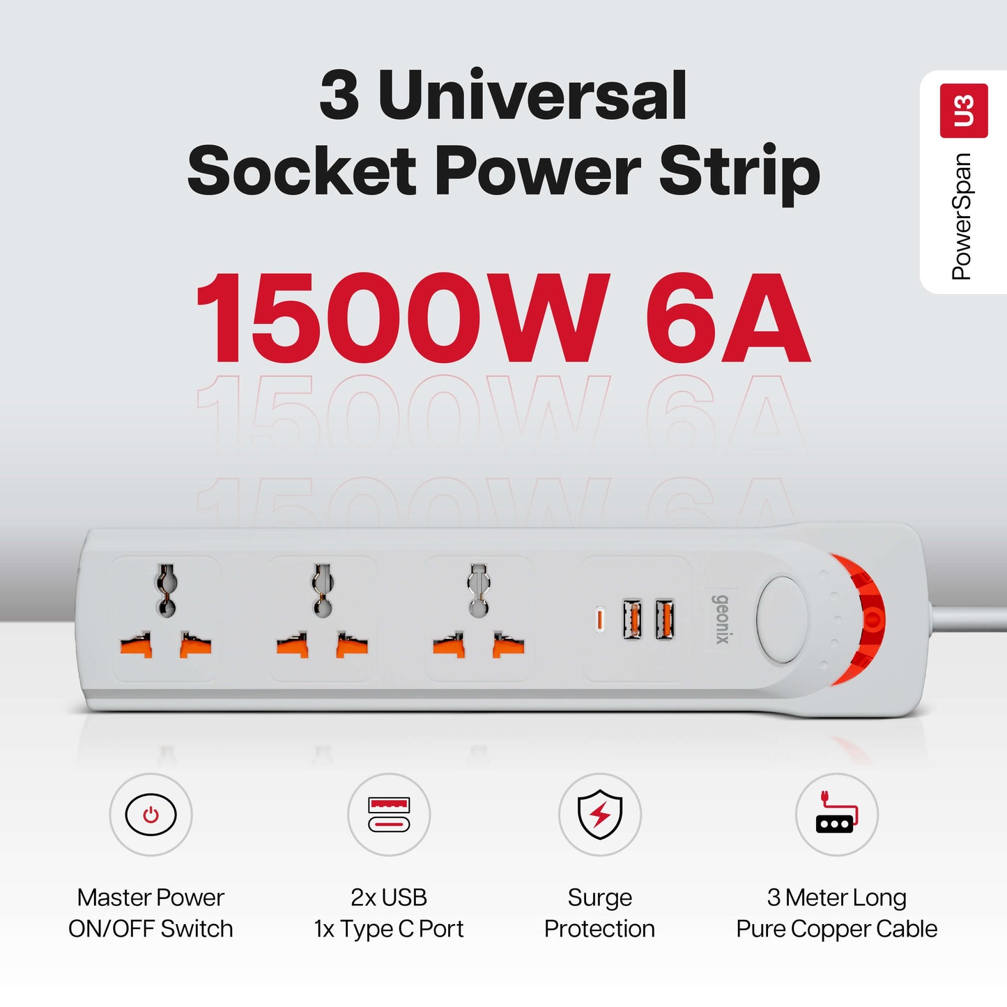 PowerSpan U3 with 3 Universal Socket & 2 USB 1 Type C Port (White)