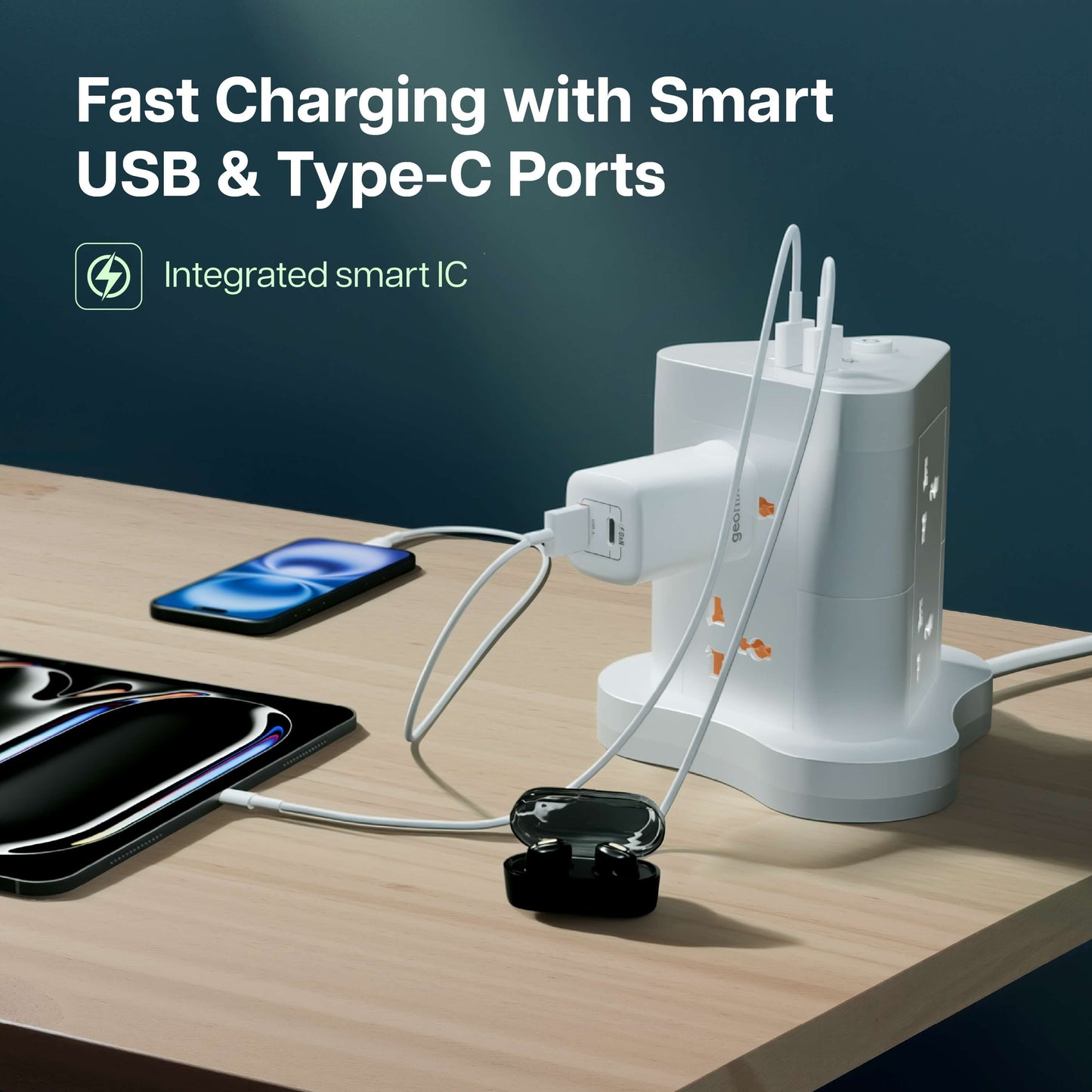 PowerSpan Fort with 6 Universal Socket & 2 USB 1 Type C Port (White)